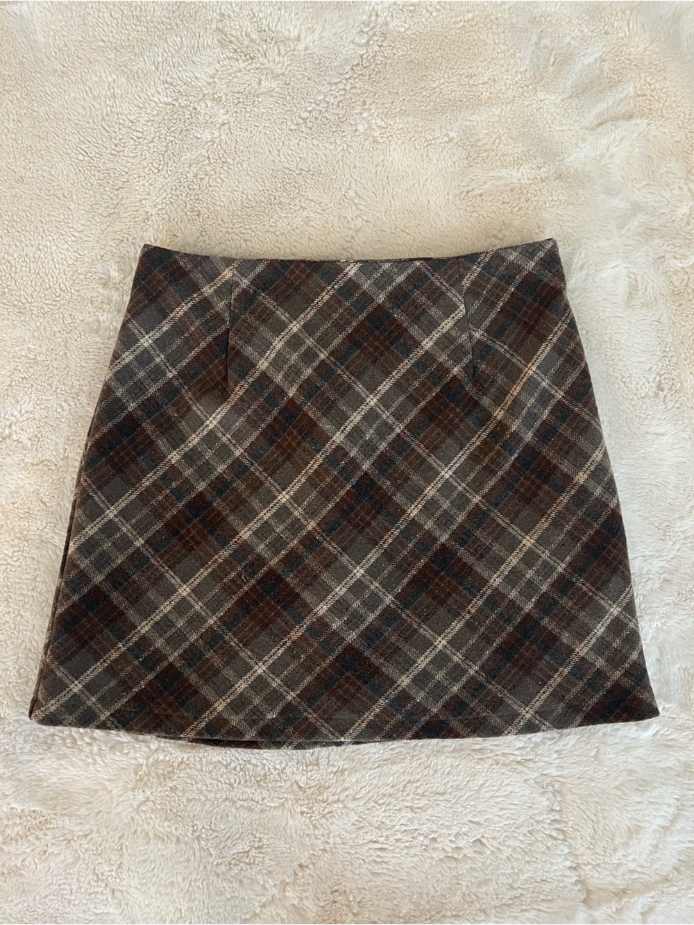 Vintage Lined Plaid Mini Skirt in Brown, Gray and Blue,